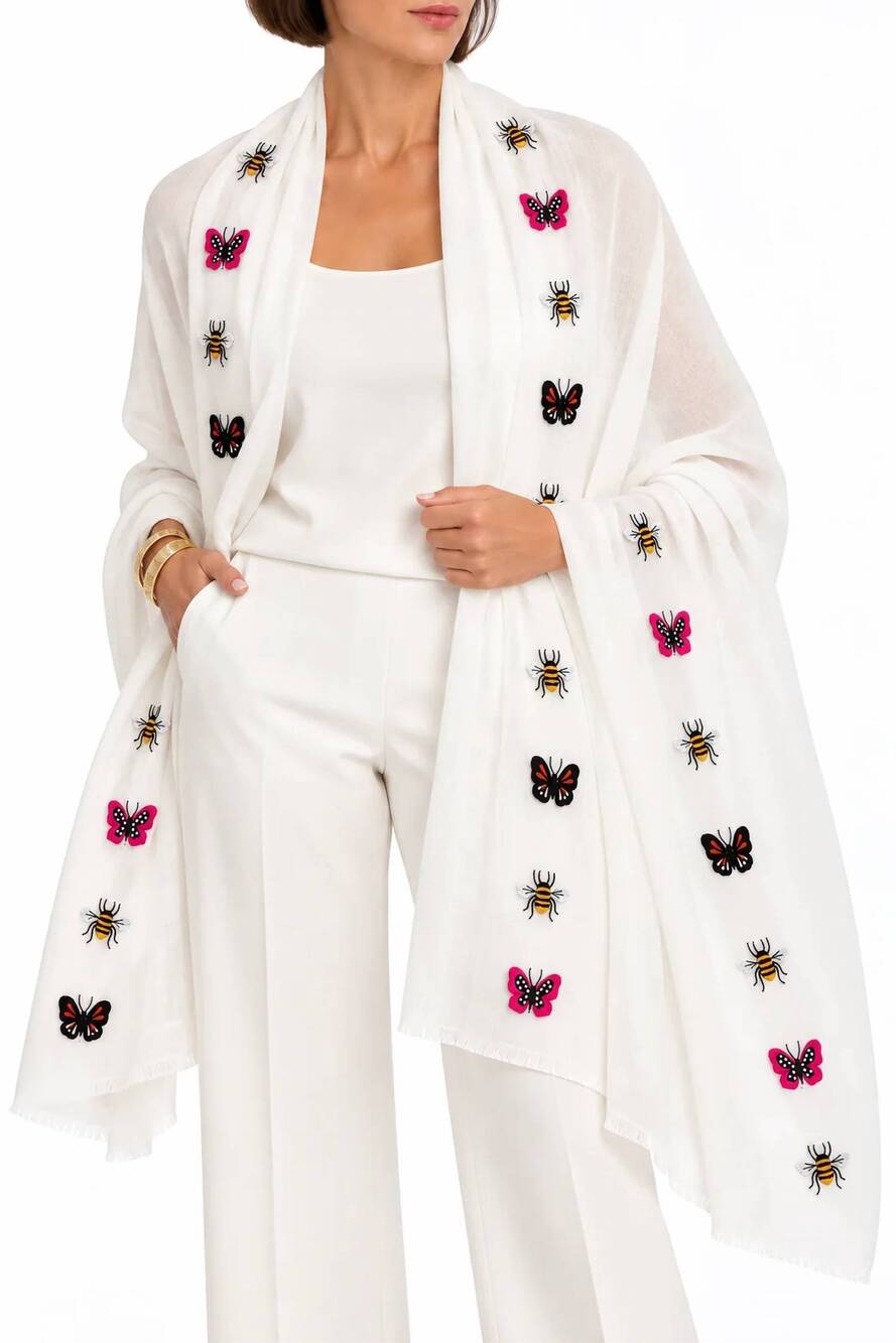 NEW JODI ROSE butterfly and bee garden shawl in white